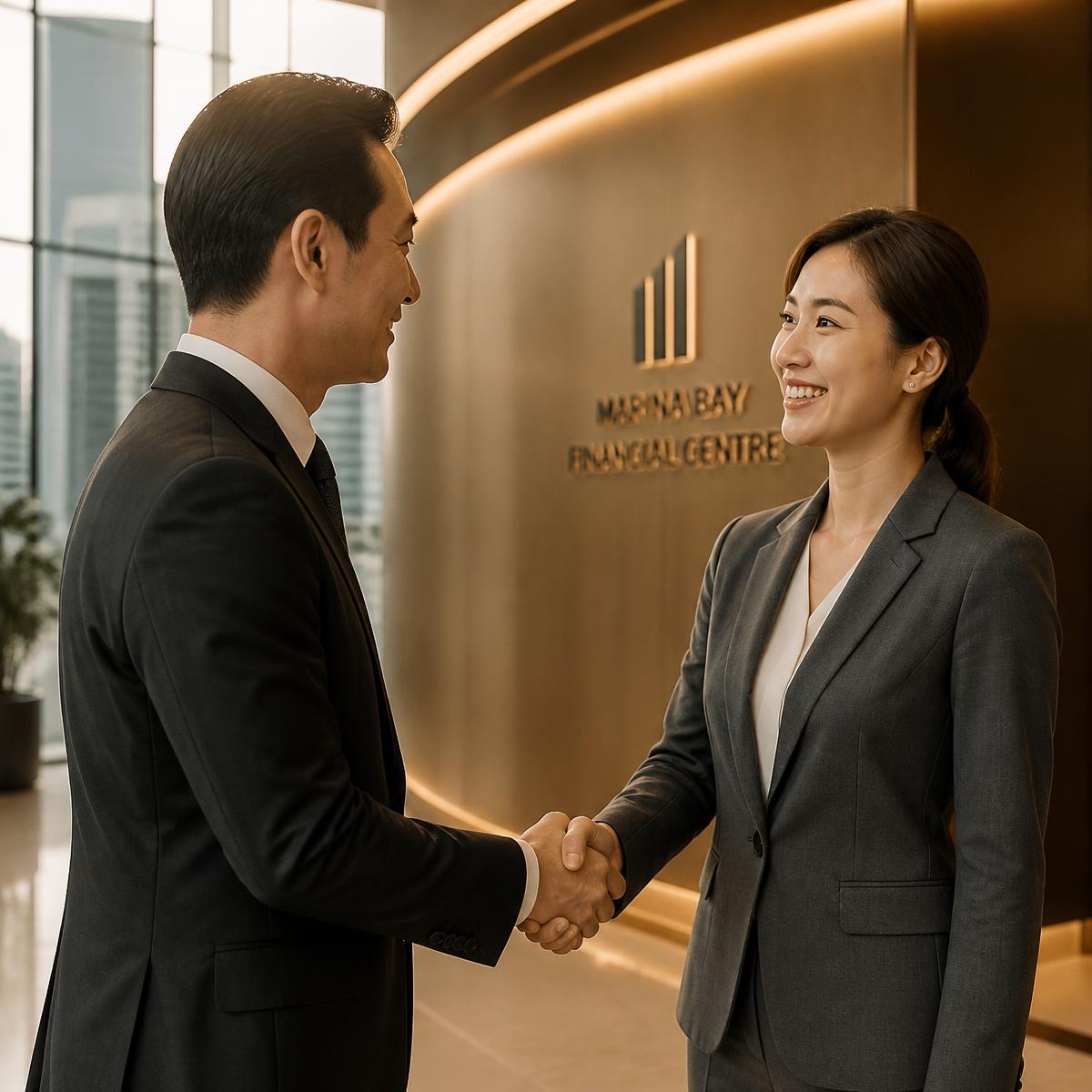 Consultants welcoming a client at a Singapore office